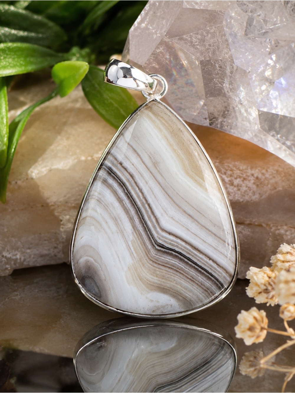 Artisan Striped Agate Teardrop Pendant in Cream and Gray